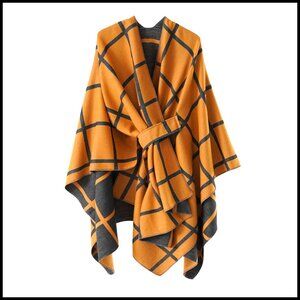 Oversized Plaid Poncho Sweater Cape Shawl Wrap Open Front Reversible Chic